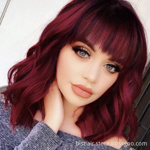 Cheap wholesale price Woven Bob curly hair wig Synthetic short burgundy wig with bangs Natural appearance Suitable for women